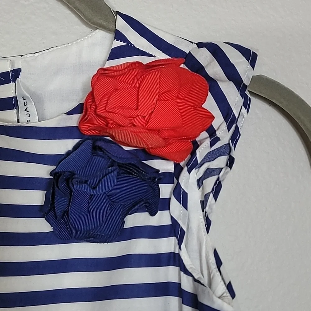 Janie & Jack Striped Ruffle Dress Size 5 Navy White Rosette Cotton Preppy Lined